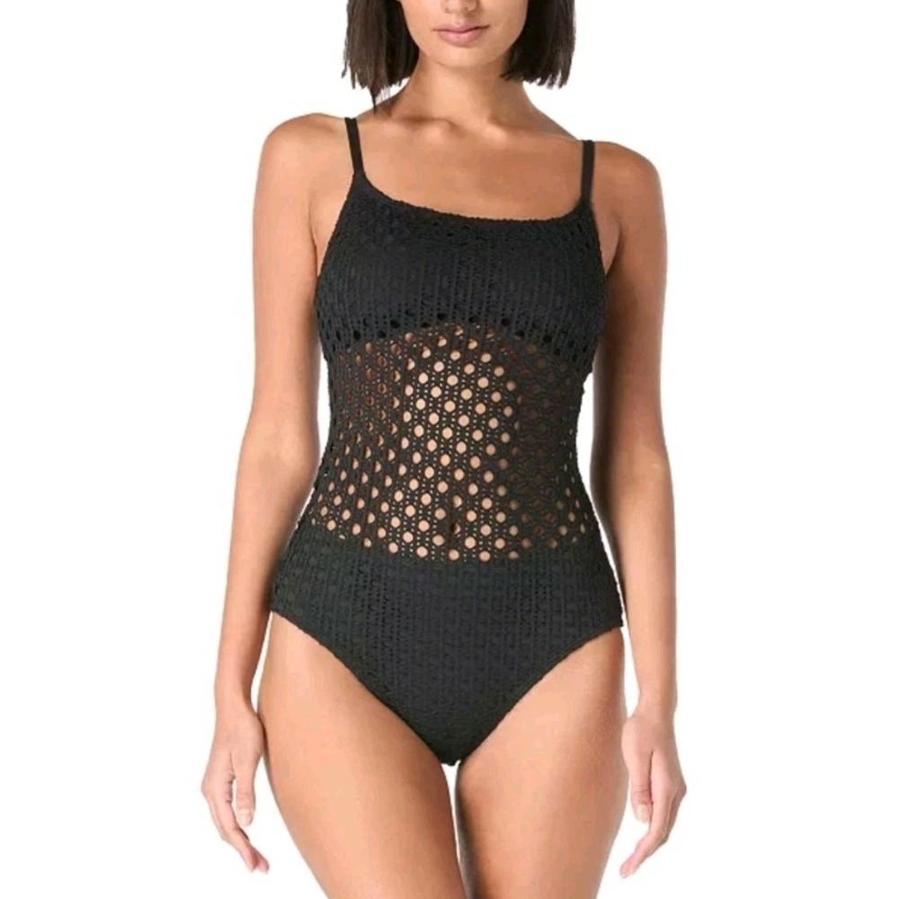 Carmen Marc Valvo Black Crochet One-Piece Swimsuit